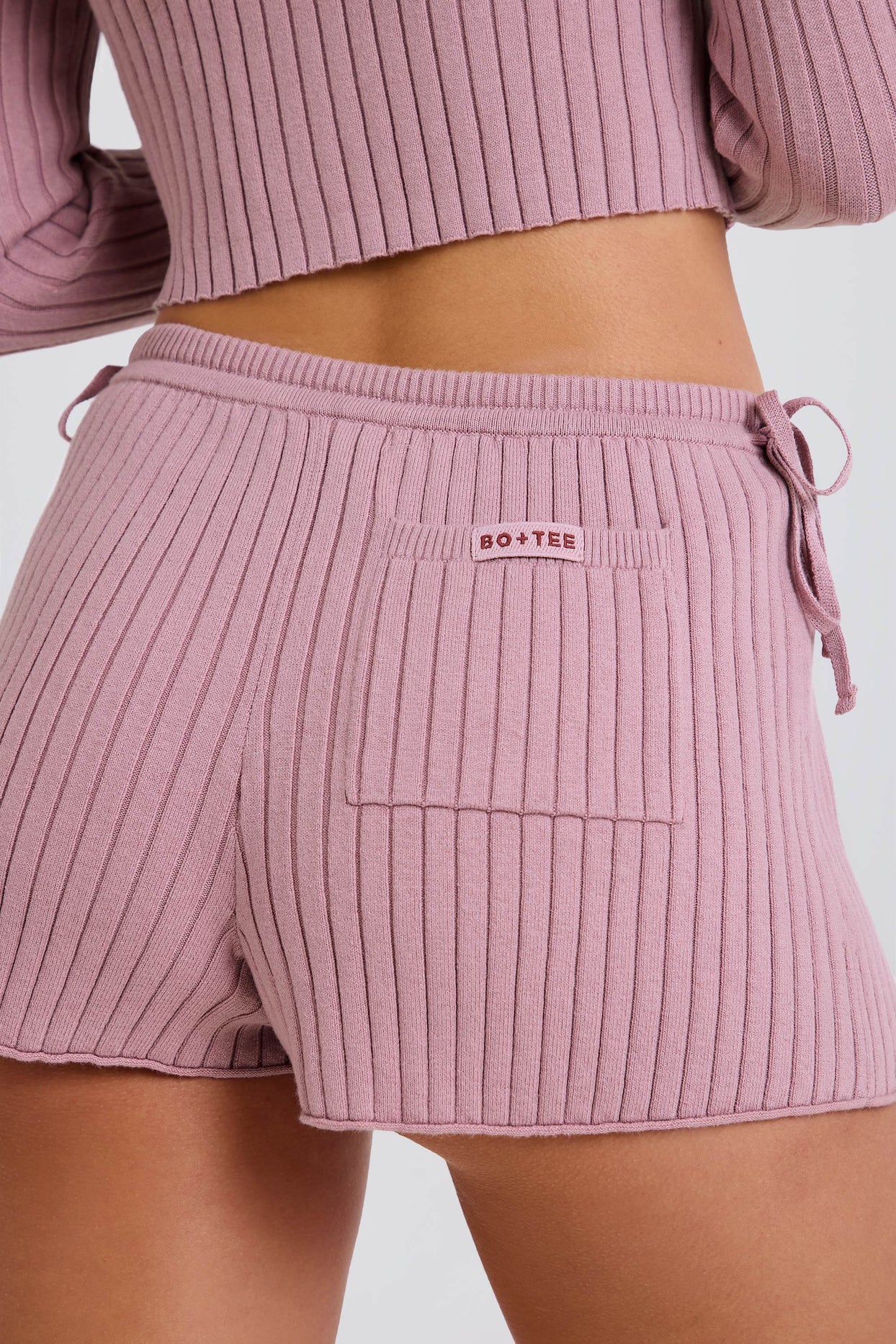 Ribbed Knit Tie Mini Shorts in Mauve - 11