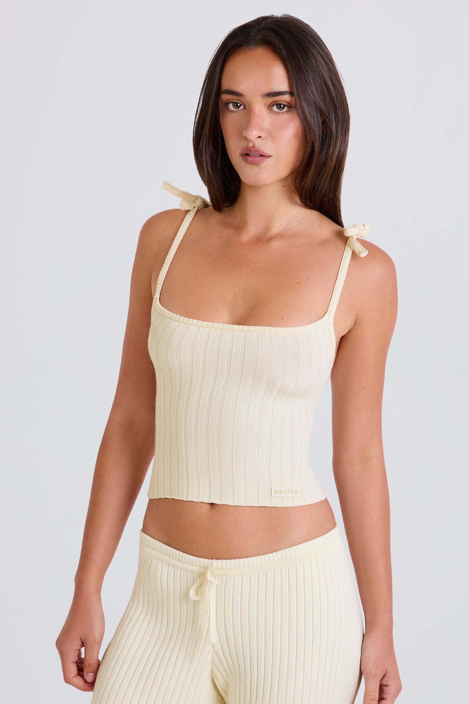 Ribbed Knit Tie Tank Top in Cream - 1