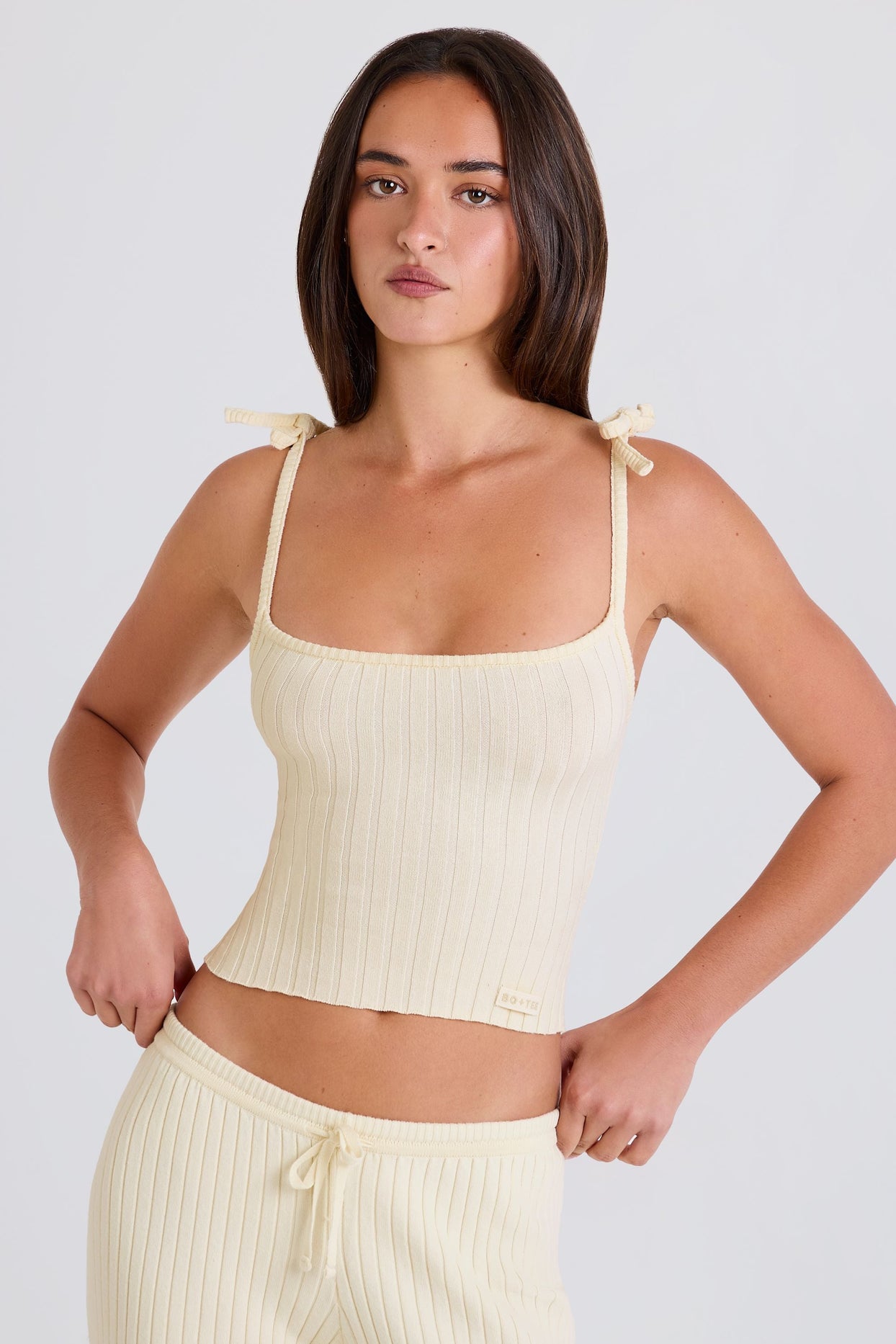 Ribbed Knit Tie Tank Top in Cream - 6