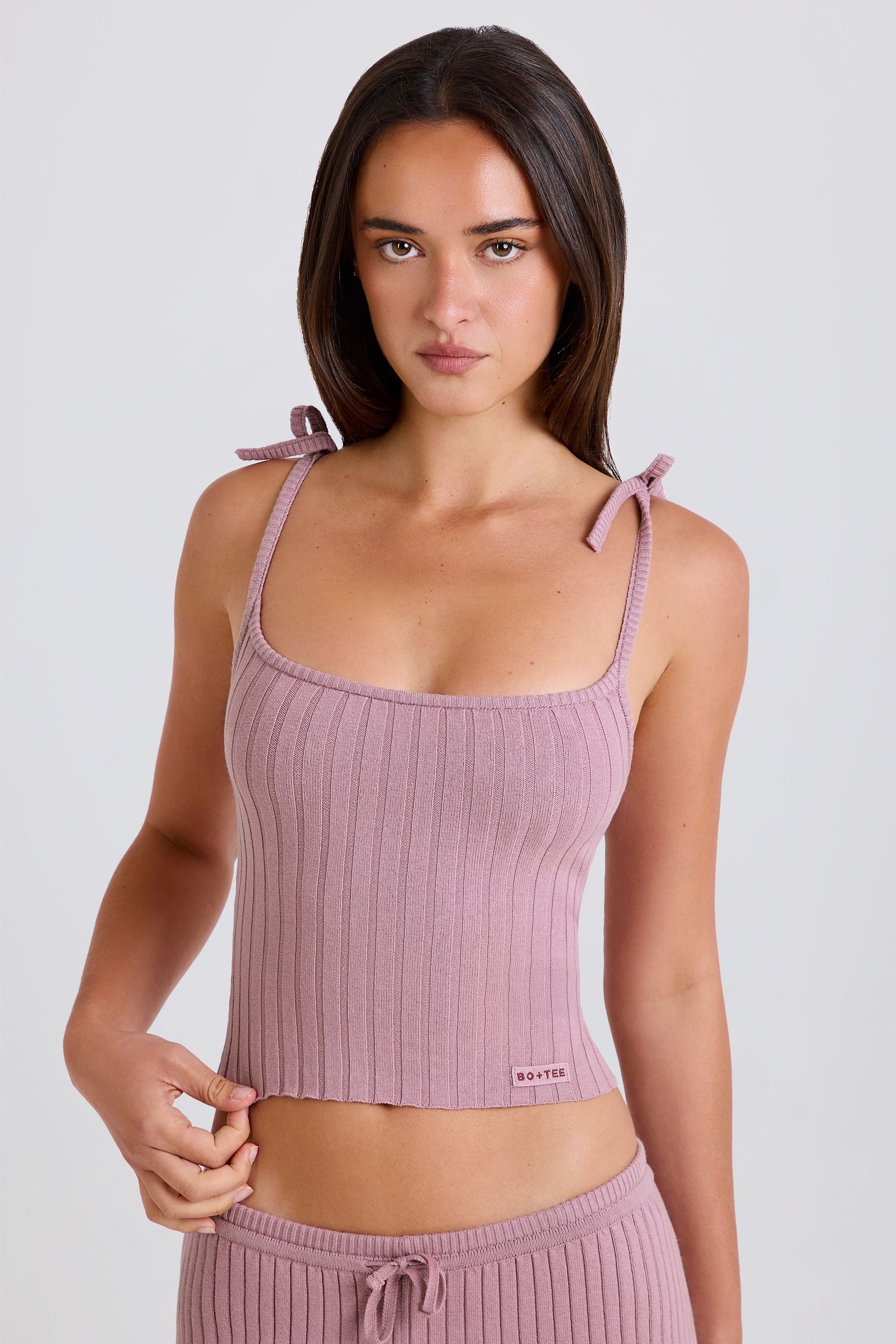 Ribbed Knit Tie Tank Top in Mauve - 1