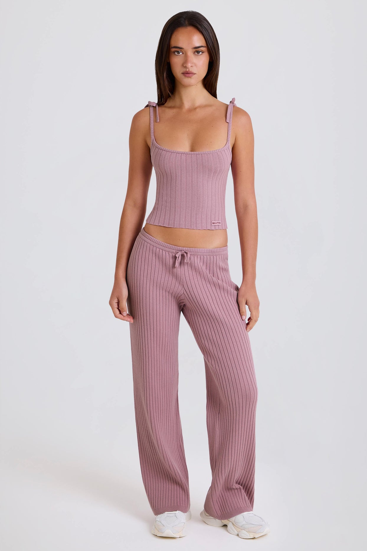 Ribbed Knit Tie Tank Top in Mauve - 4