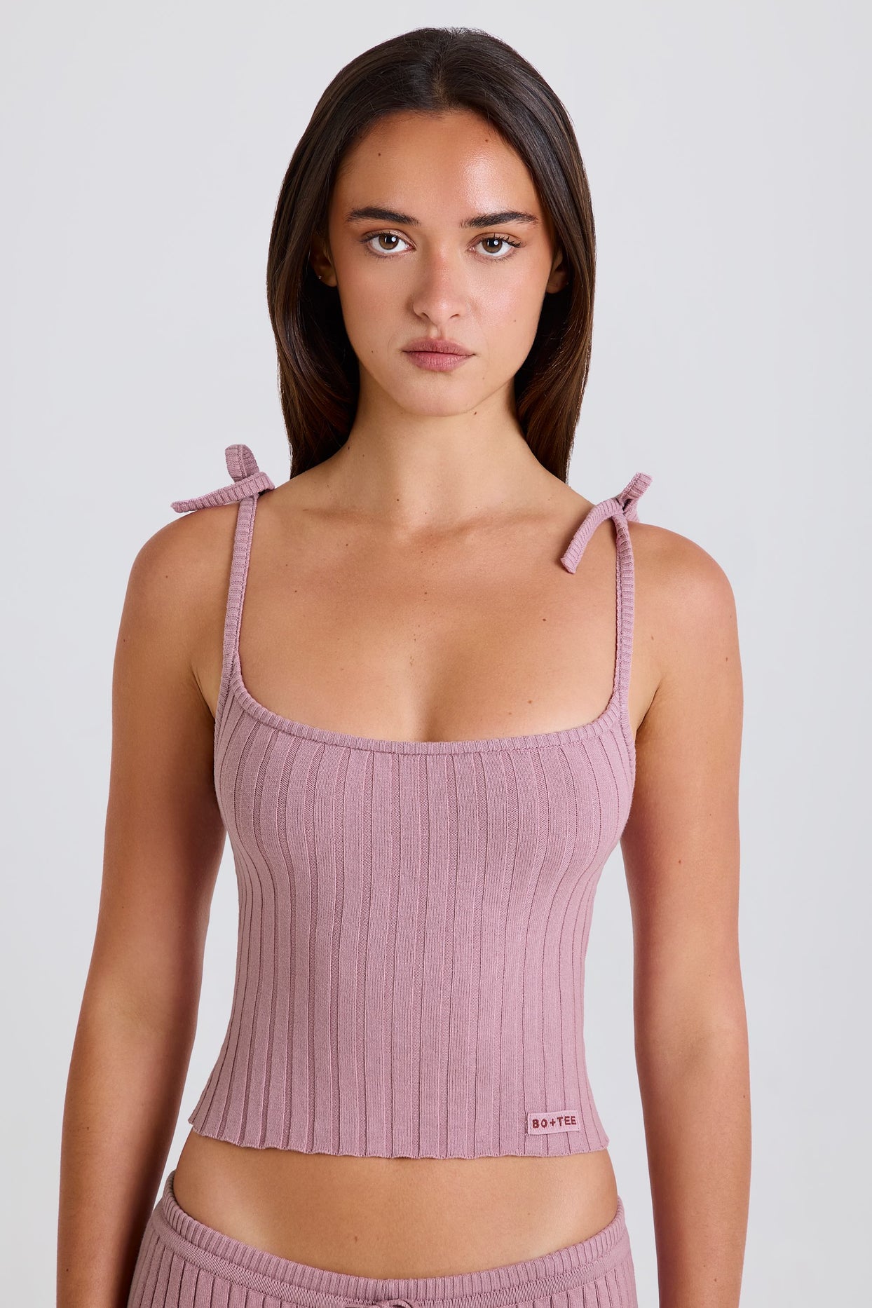 Ribbed Knit Tie Tank Top in Mauve - 6