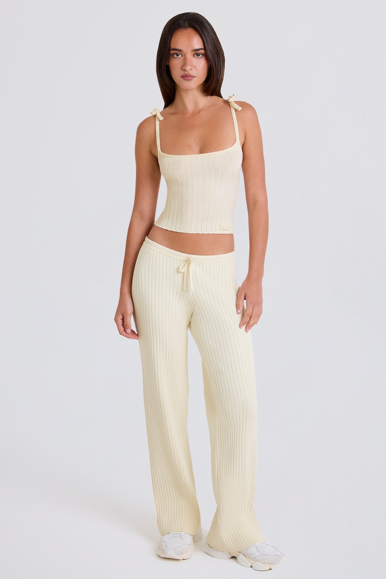 Ribbed Knit Wide-Leg Joggers in Cream - 1