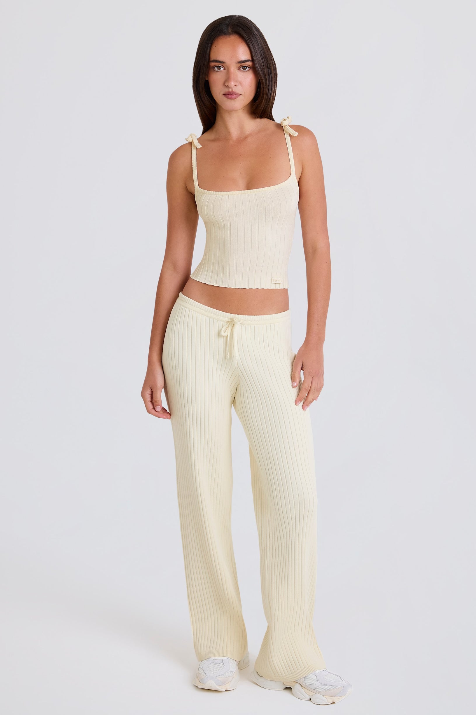 Ribbed Knit Wide-Leg Joggers in Cream - 1