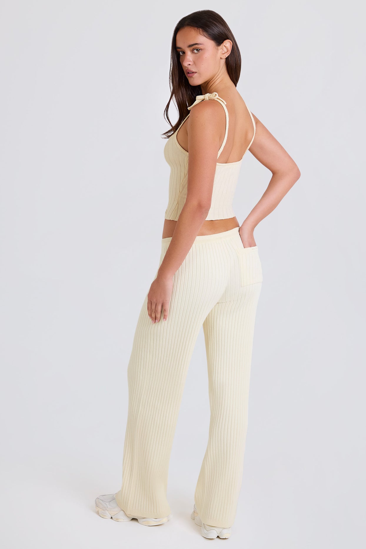 Ribbed Knit Wide-Leg Joggers in Cream - 2