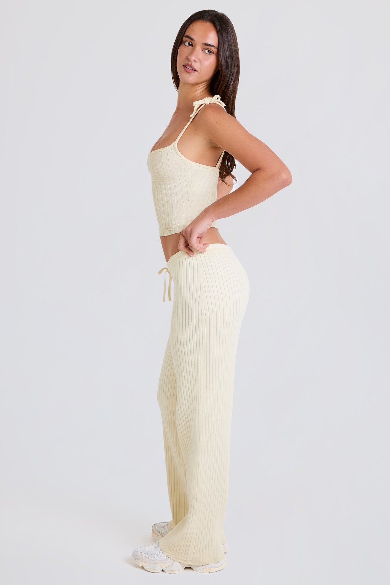 Ribbed Knit Wide-Leg Joggers in Cream - 3