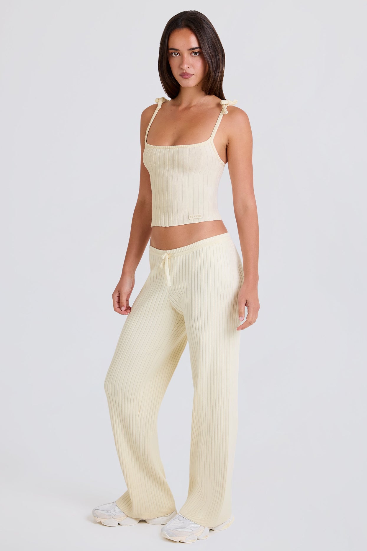 Ribbed Knit Wide-Leg Joggers in Cream - 5