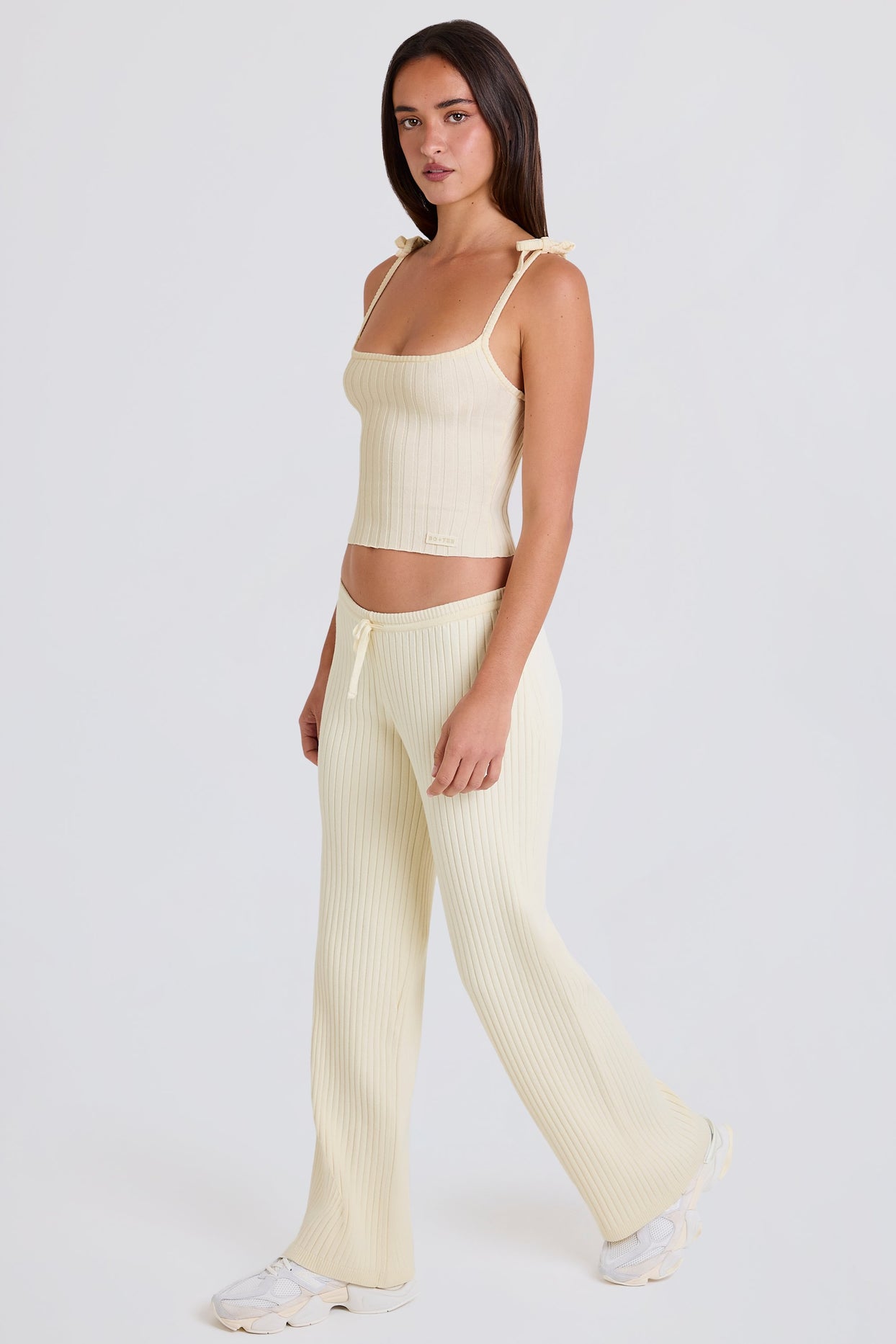 Ribbed Knit Wide-Leg Joggers in Cream - 6