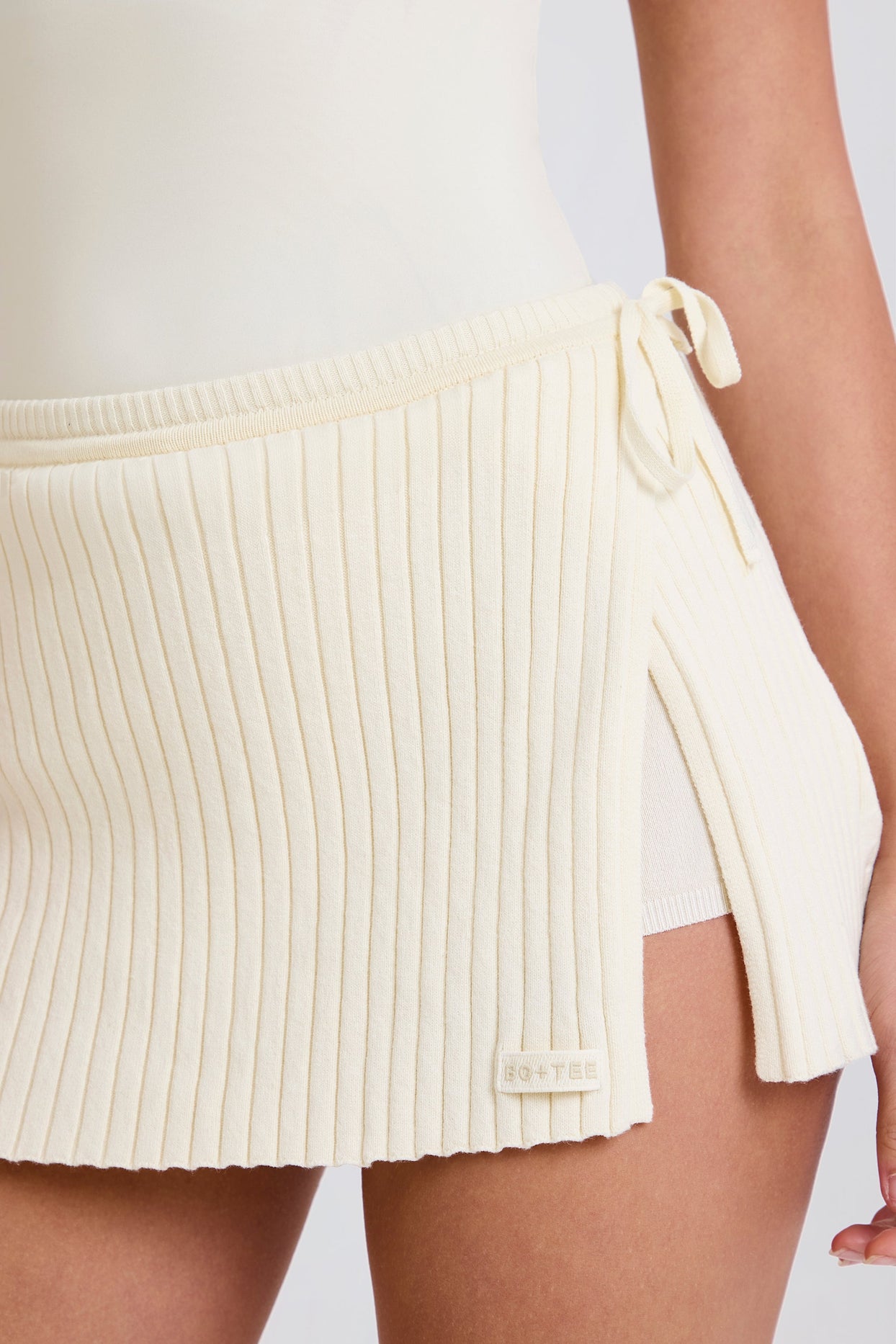 Ribbed Knit Tie Wrapover Skort in Cream - 5