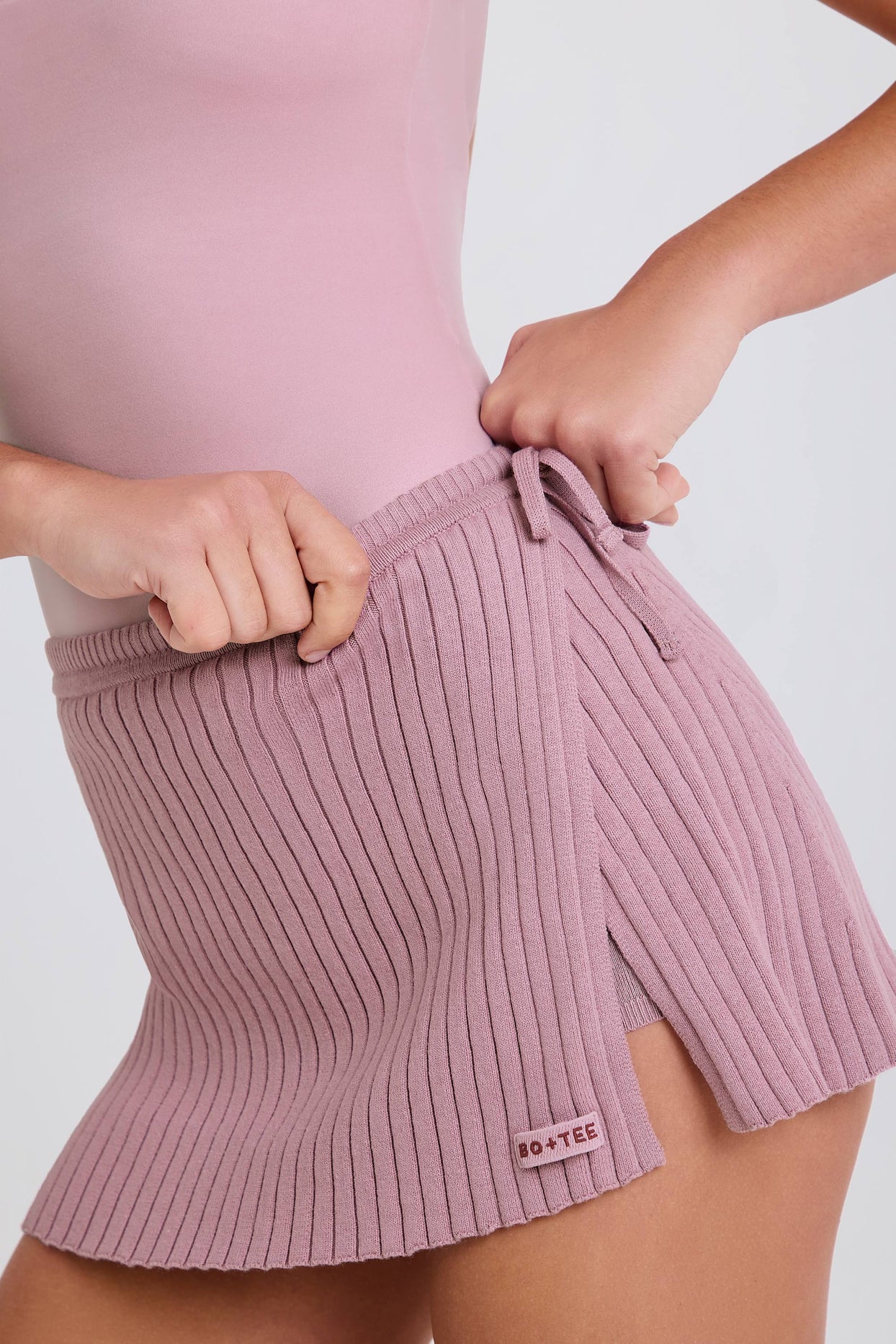 Ribbed Knit Tie Wrapover Skort in Mauve - 5