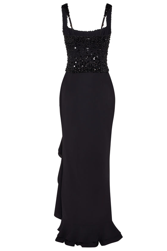 Embellished Ruffle-Trim Corset Gown in Black