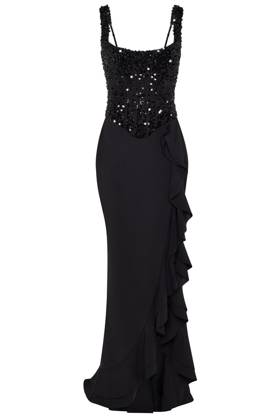 Embellished Ruffle-Trim Corset Gown in Black