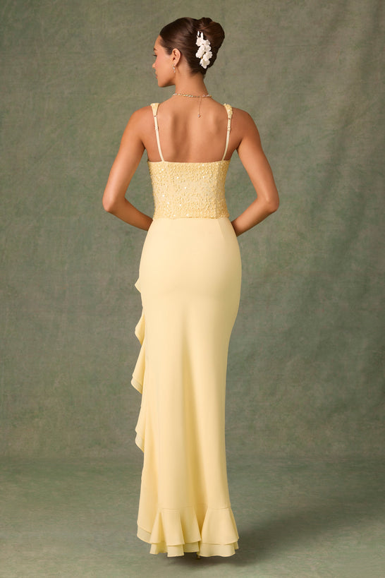 Embellished Ruffle-Trim Corset Gown in Yellow