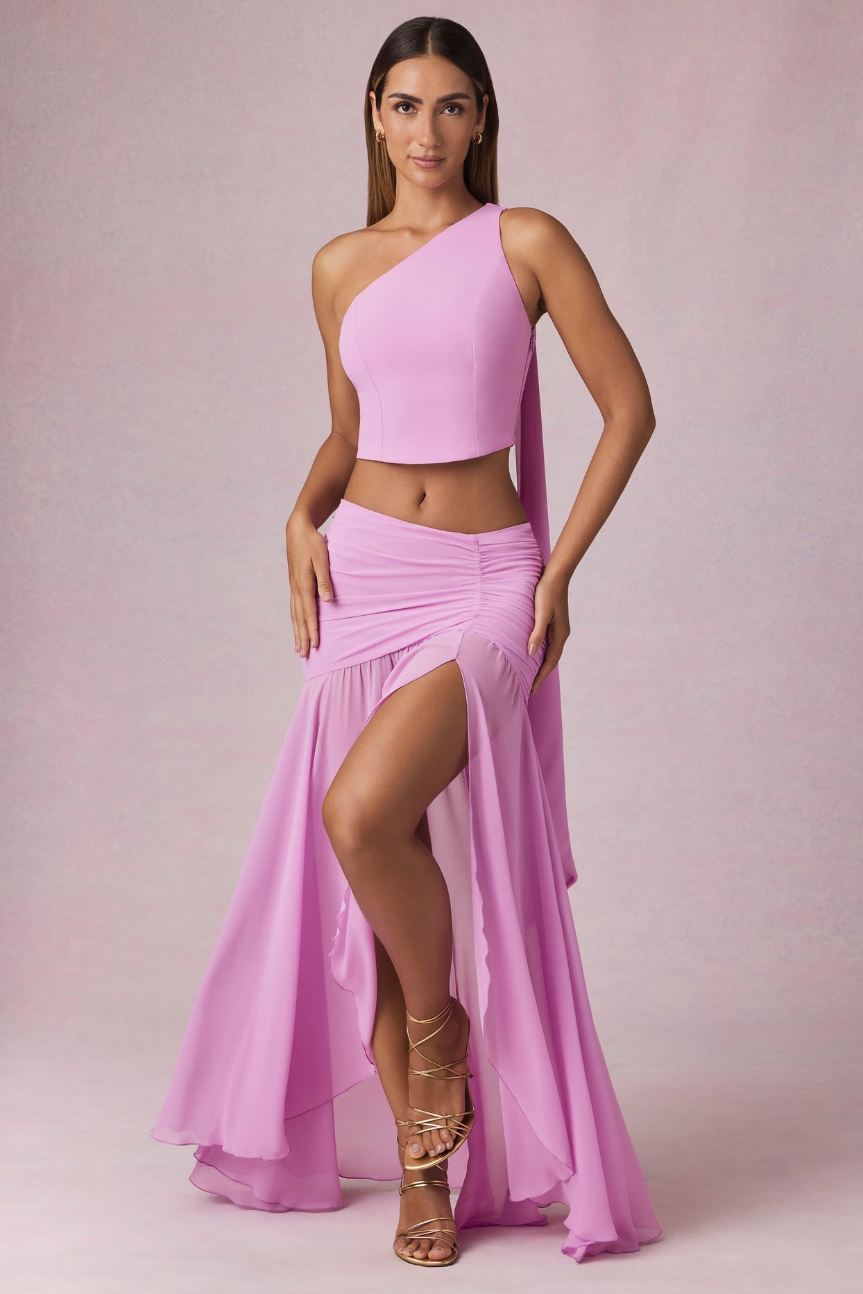 Asymmetric Ruched Maxi Skirt in Pink Orchid - 4