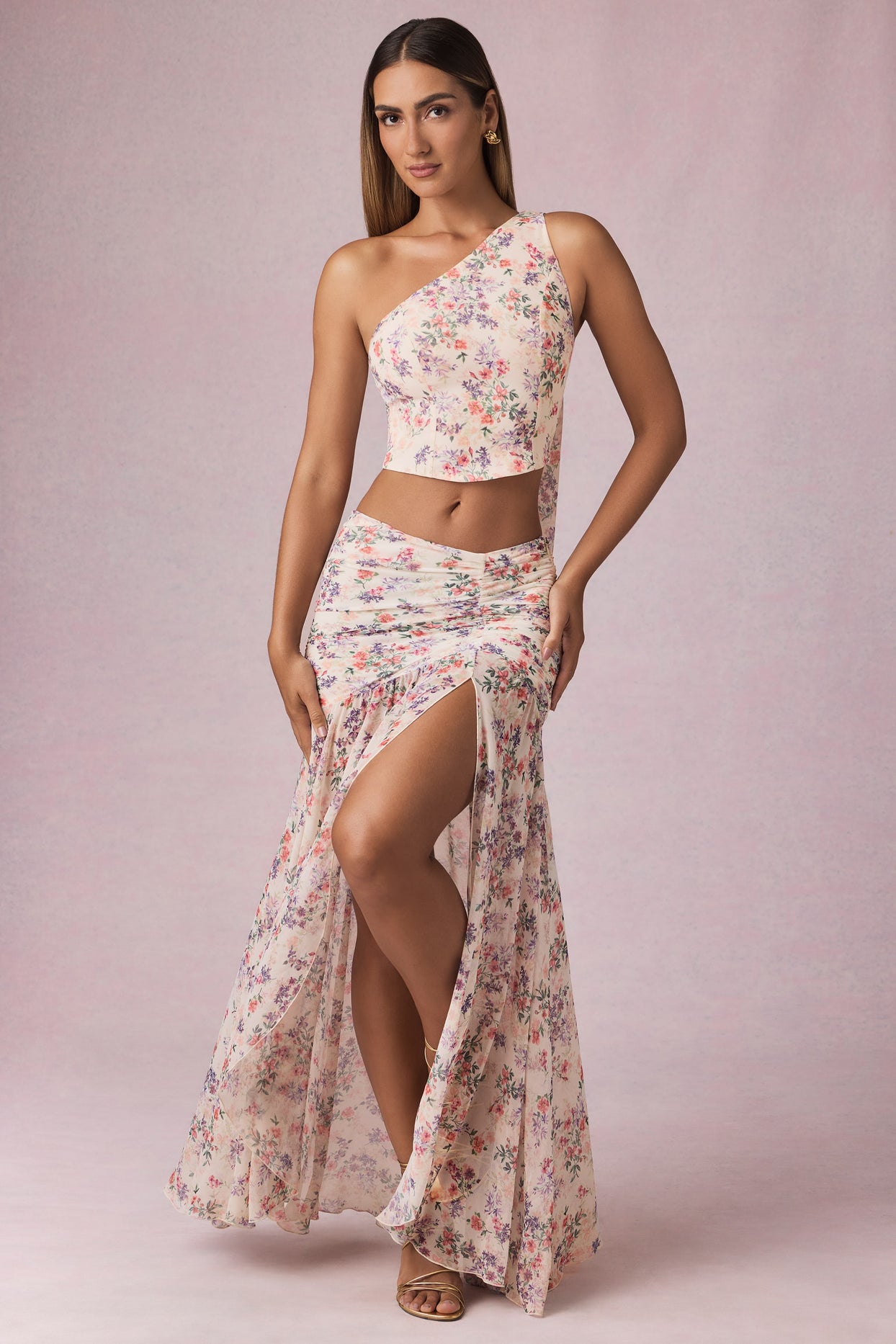 Asymmetric Ruched Maxi Skirt in Primrose Floral Print - 1