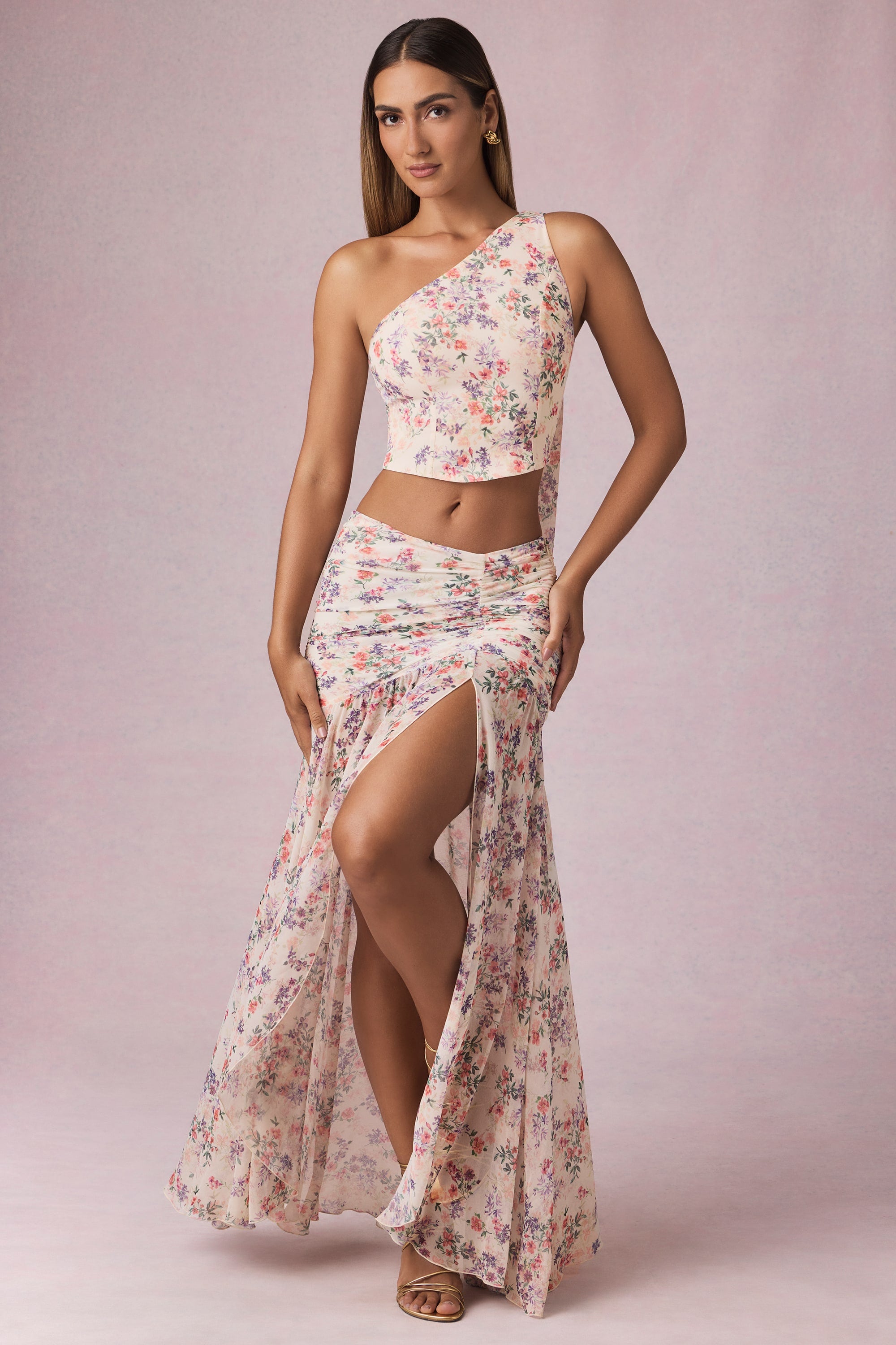 Asymmetric Ruched Maxi Skirt in Primrose Floral Print - 1