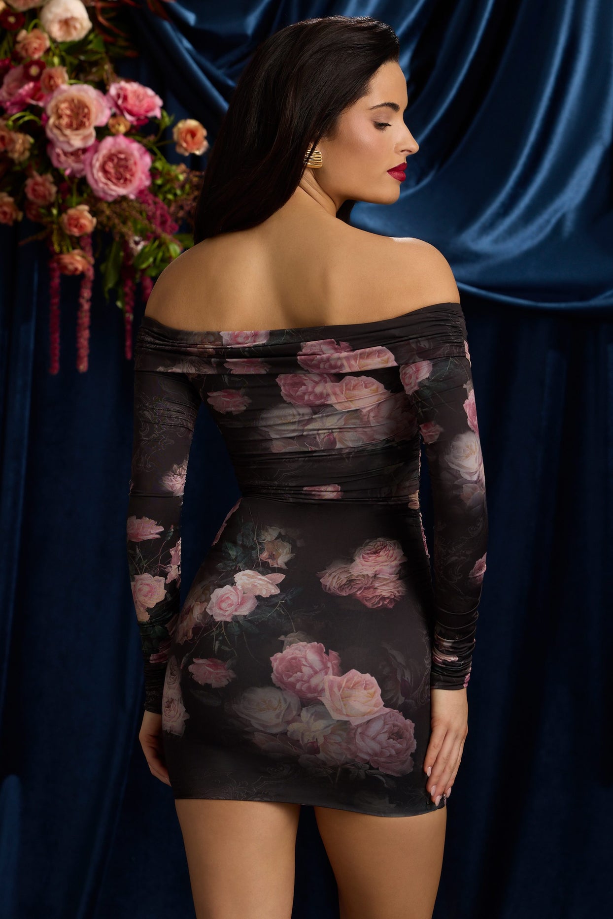 Off-Shoulder Ruched Bodycon Mini Dress in Black Floral Print - 3
