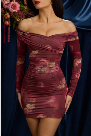 Off-Shoulder Ruched Bodycon Mini Dress in Maroon Floral Print