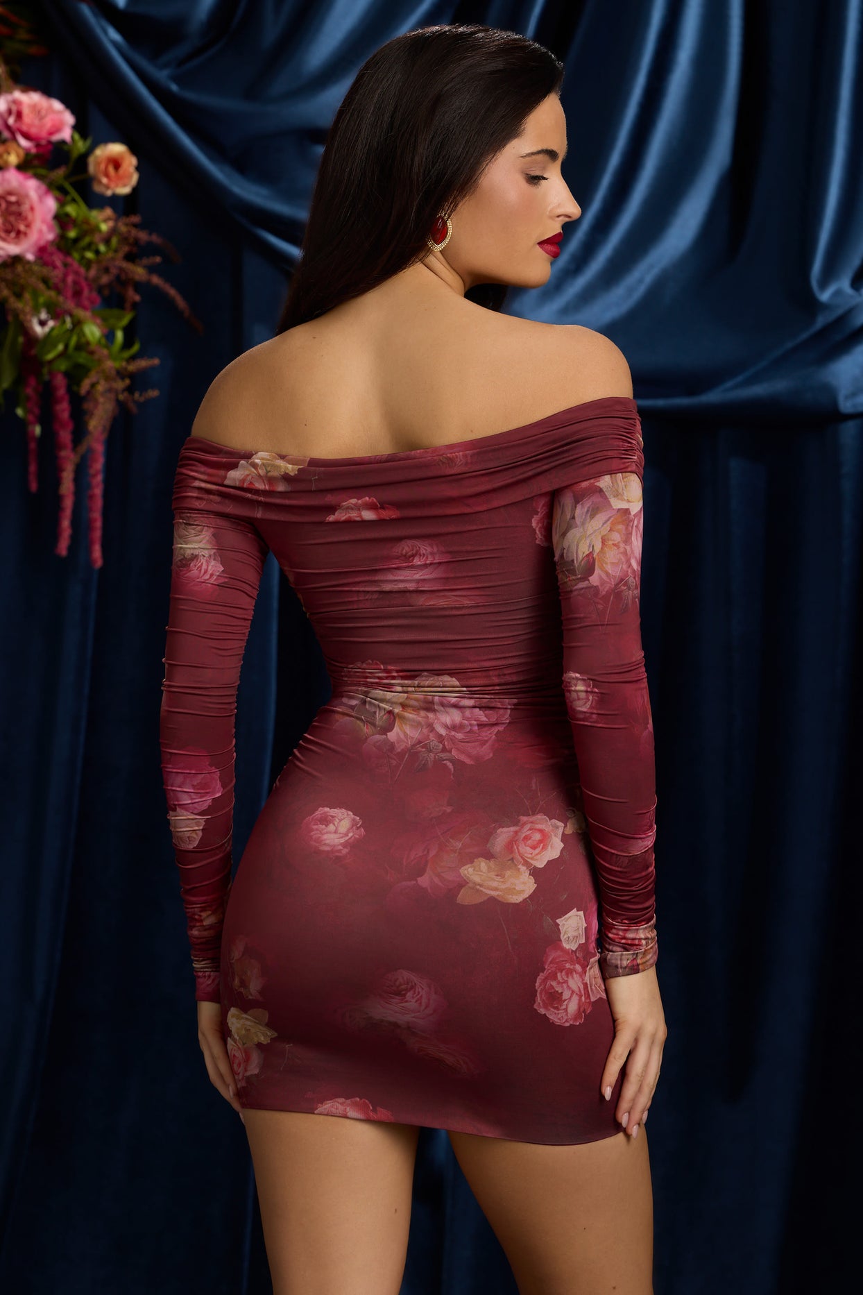 Off-Shoulder Ruched Bodycon Mini Dress in Maroon Floral Print - 3