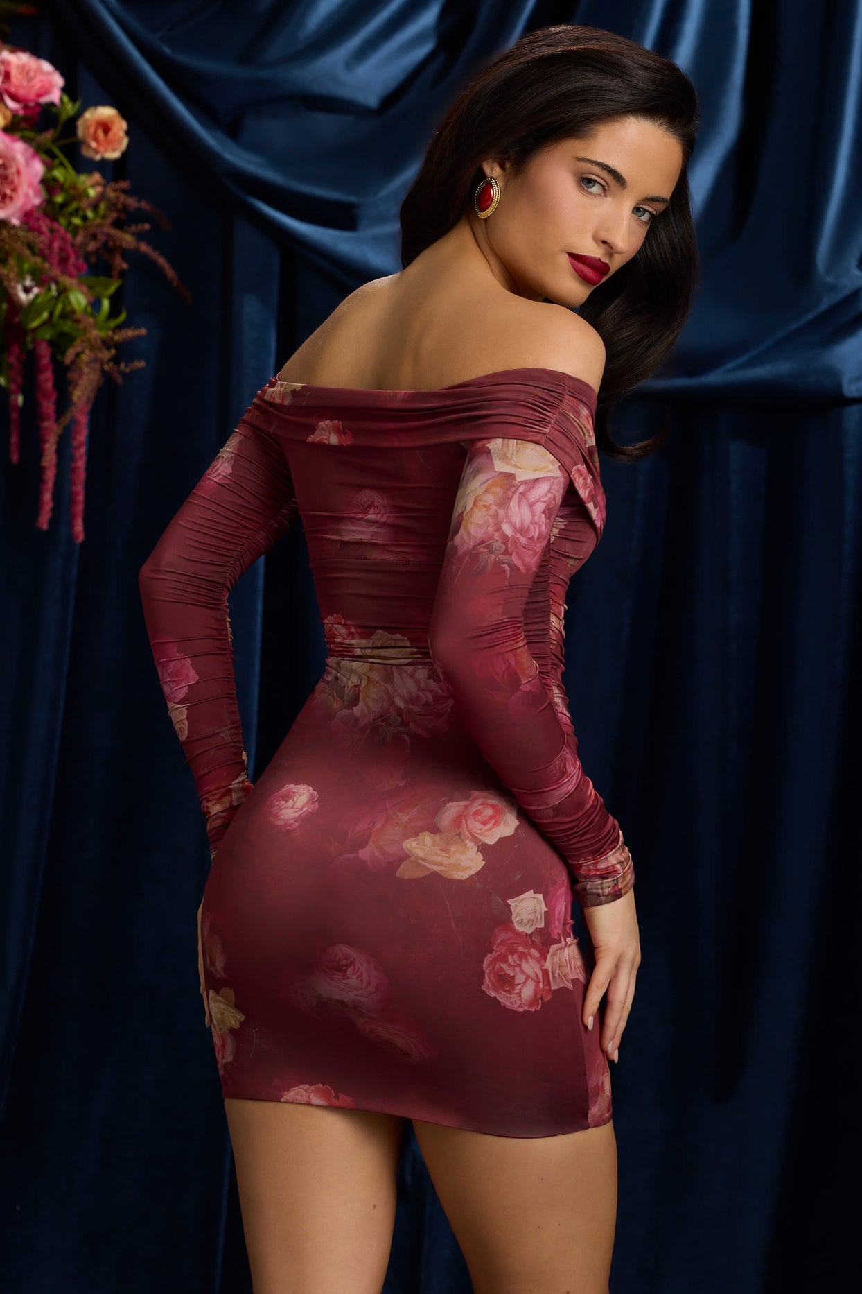 Off-Shoulder Ruched Bodycon Mini Dress in Maroon Floral Print - 8