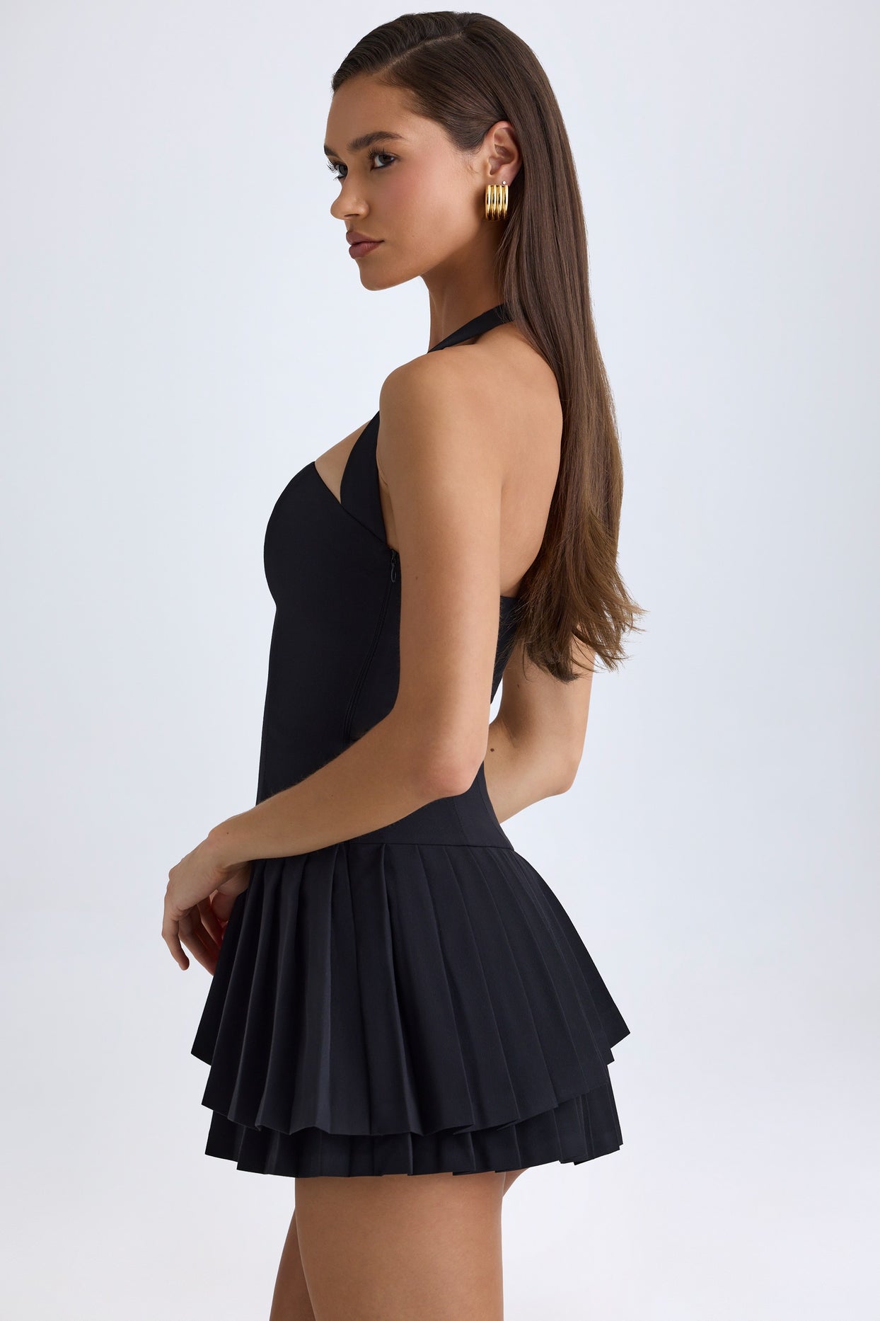 Asymmetric Layered Halterneck Mini Dress in Black - 4
