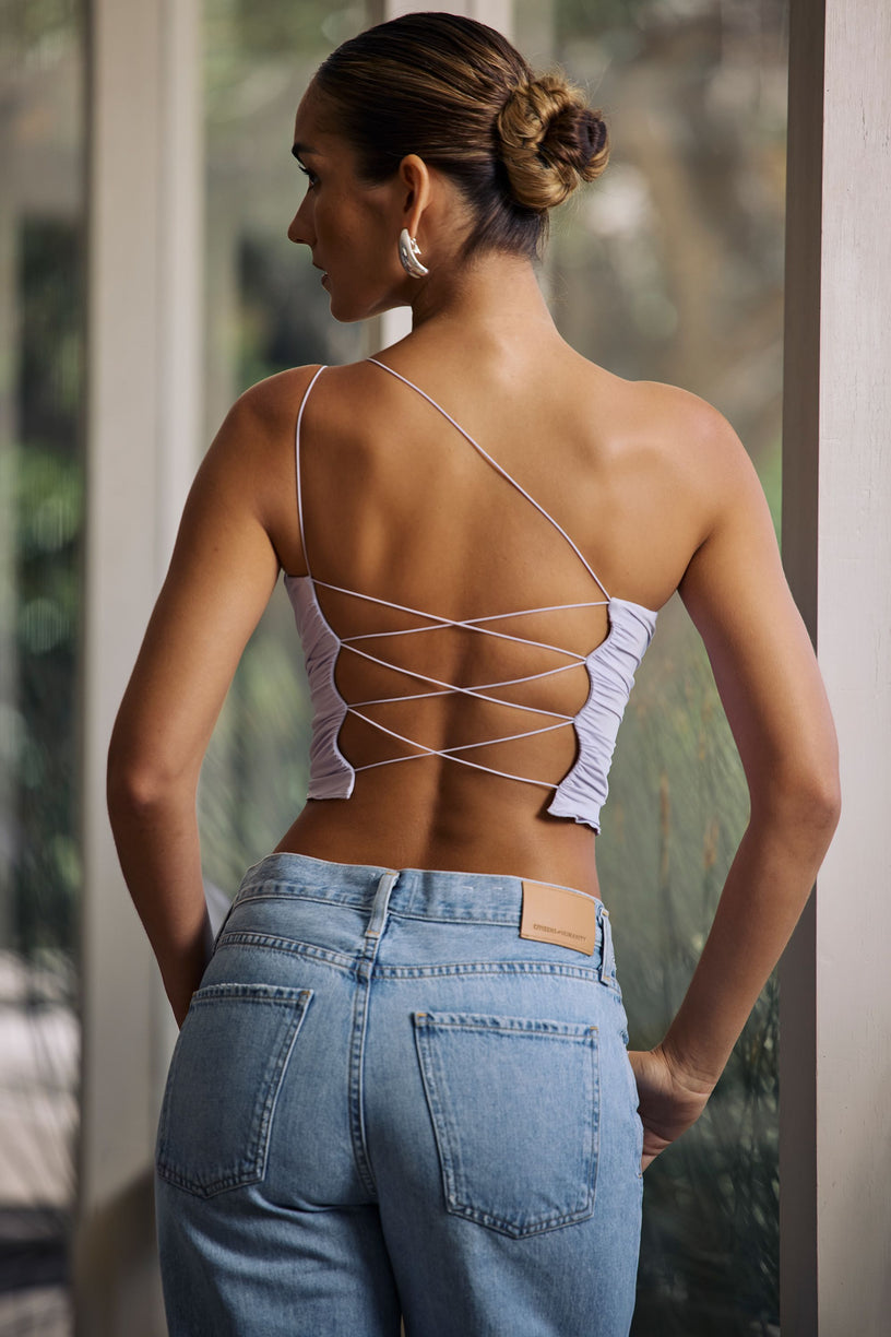 One-Shoulder Lace-Up Top in Soft Lilac - 2