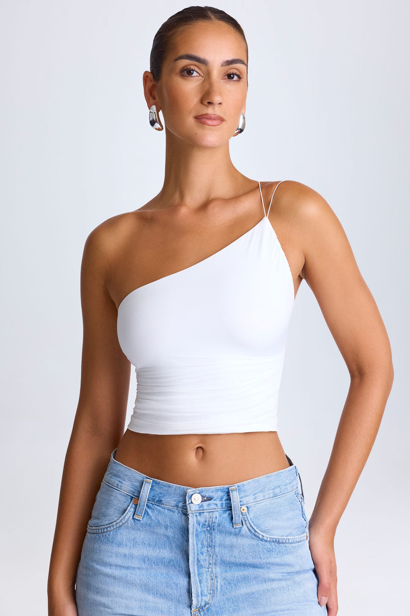 One-Shoulder Lace-Up Top in White - 1