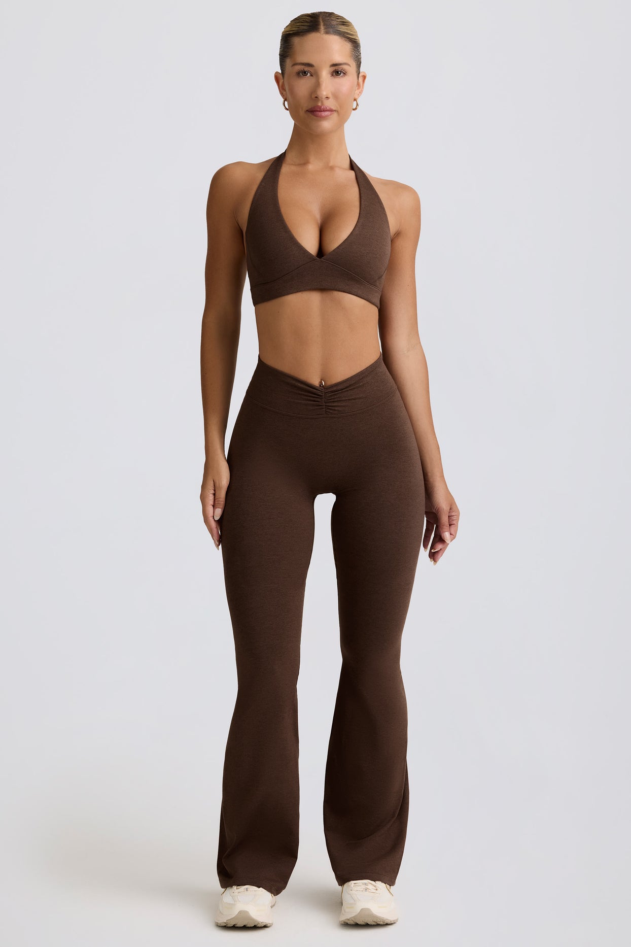 Brushed Jersey Ruched Flared Trousers in Pecan Marl - 4