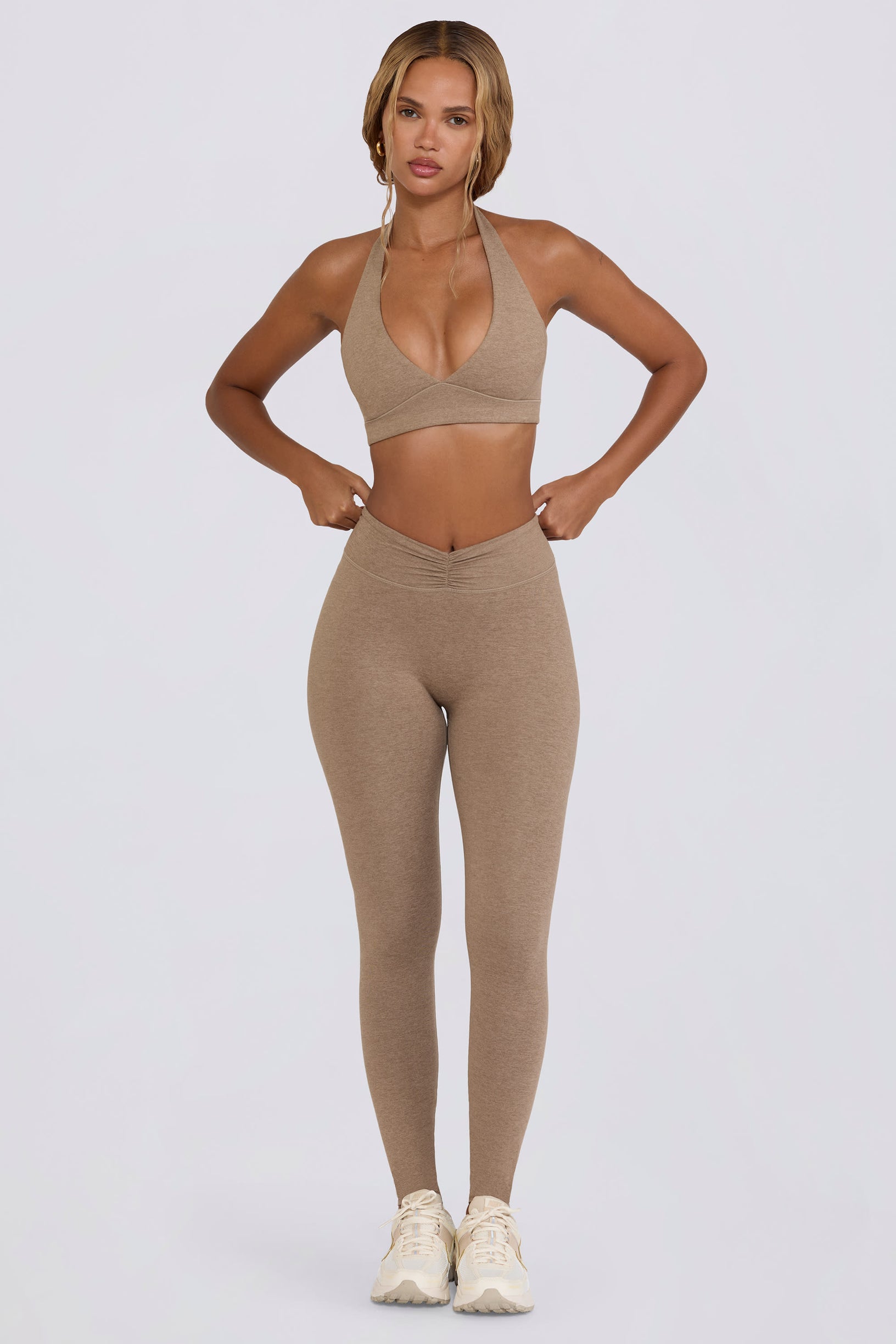 Brushed Jersey Ruched Mid-Rise Leggings in Mocha Marl - 2