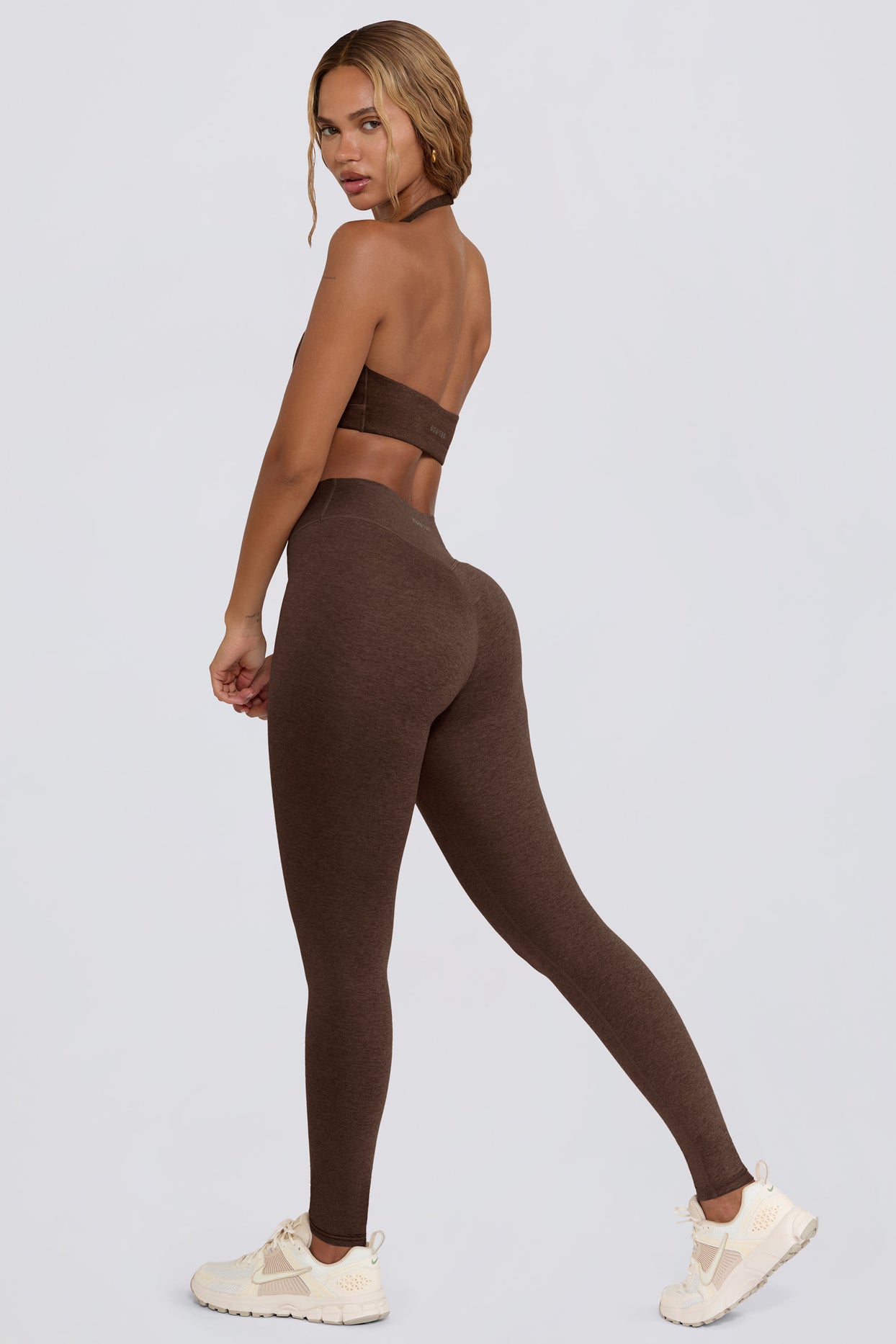 Brushed Jersey Ruched Mid-Rise Leggings in Pecan Marl - 1