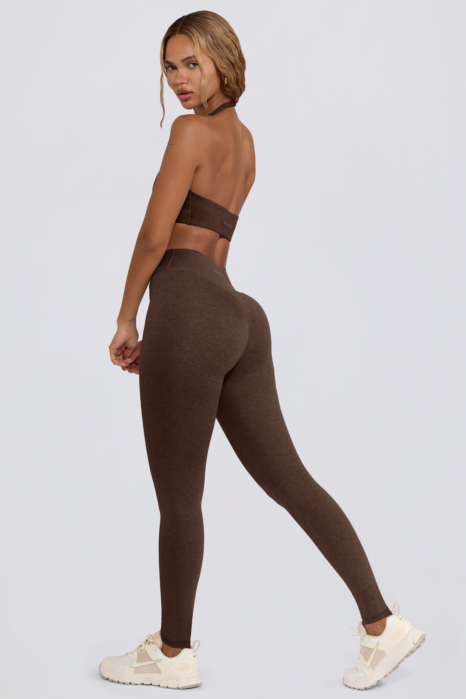 Brushed Jersey Ruched Mid-Rise Leggings in Pecan Marl - 1