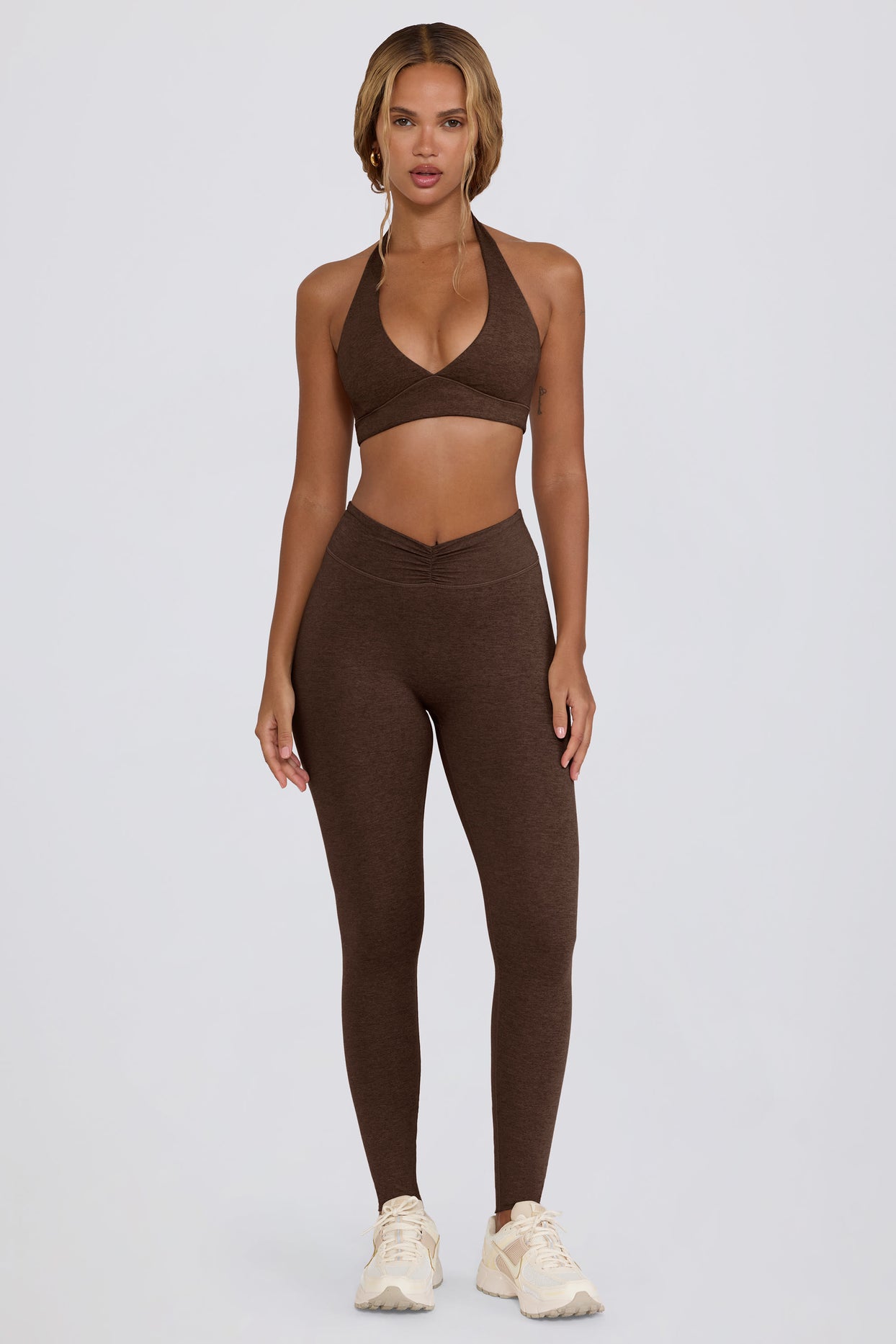 Brushed Jersey Ruched Mid-Rise Leggings in Pecan Marl - 2
