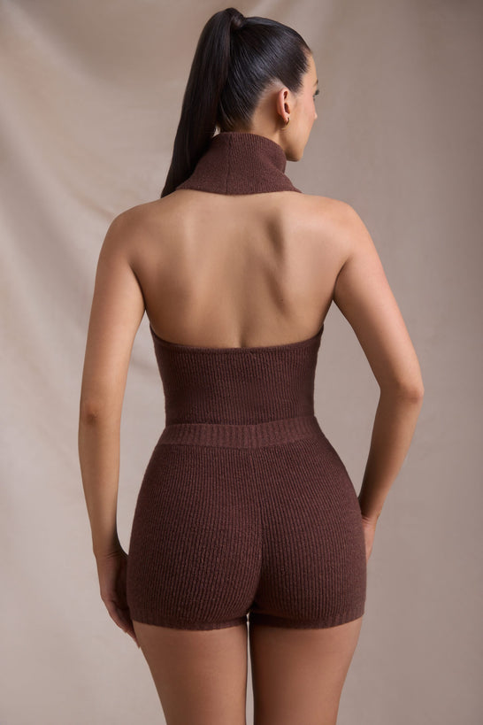 Ribbed-Knit Turtleneck Backless Top in Espresso