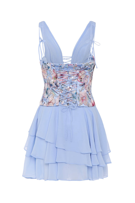 Corset Mini Dress with Tiered Skirt in Floral Blue