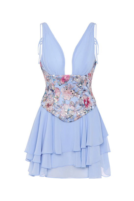 Corset Mini Dress with Tiered Skirt in Floral Blue