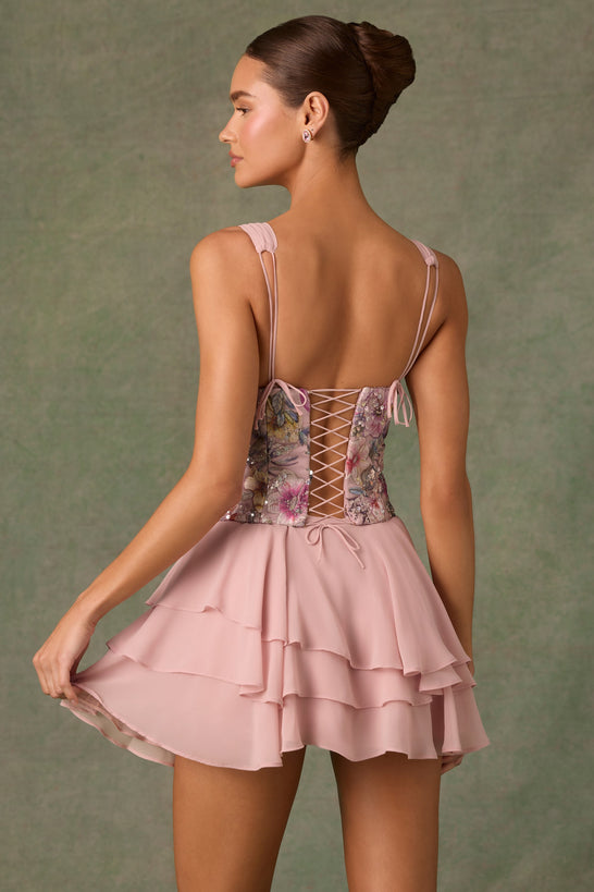 Embellished Ruffled Corset Mini Dress in Floral Pink