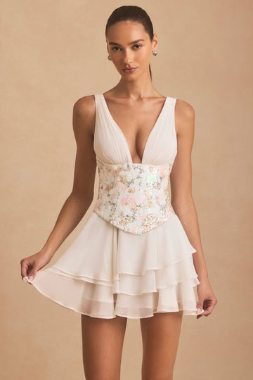 Embellished Ruffled Corset Mini Dress in Floral Pink
