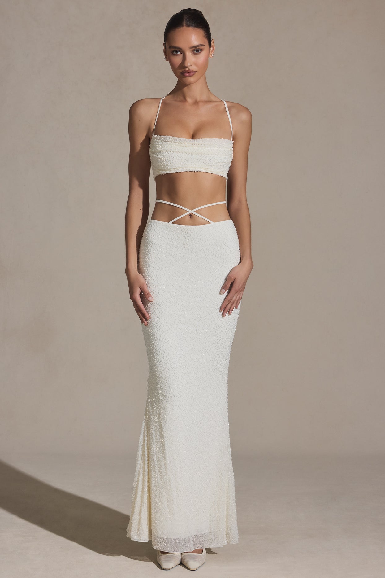 Embellished Strappy Maxi Skirt in White - 4