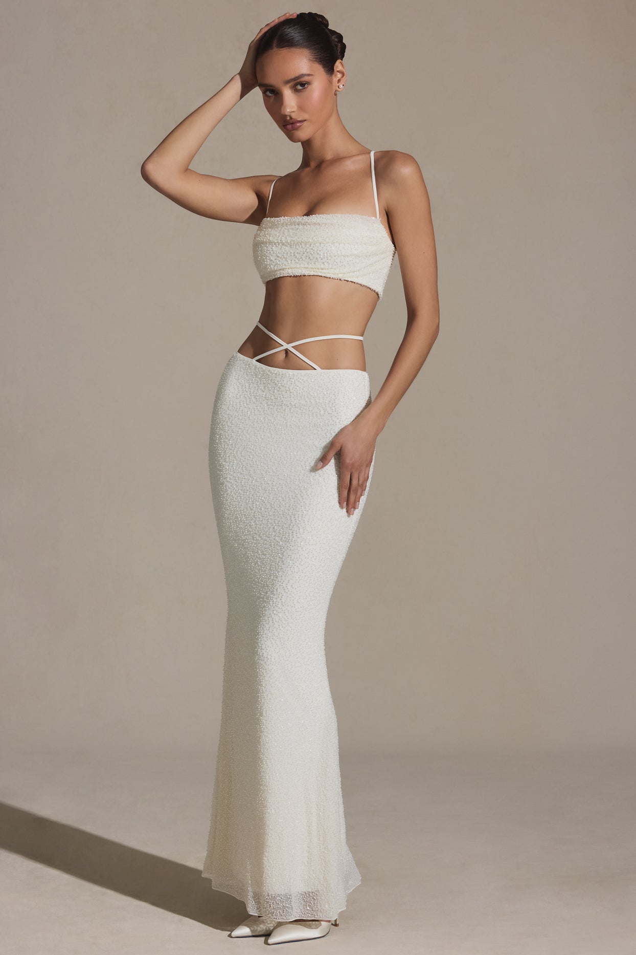 Embellished Strappy Maxi Skirt in White - 6
