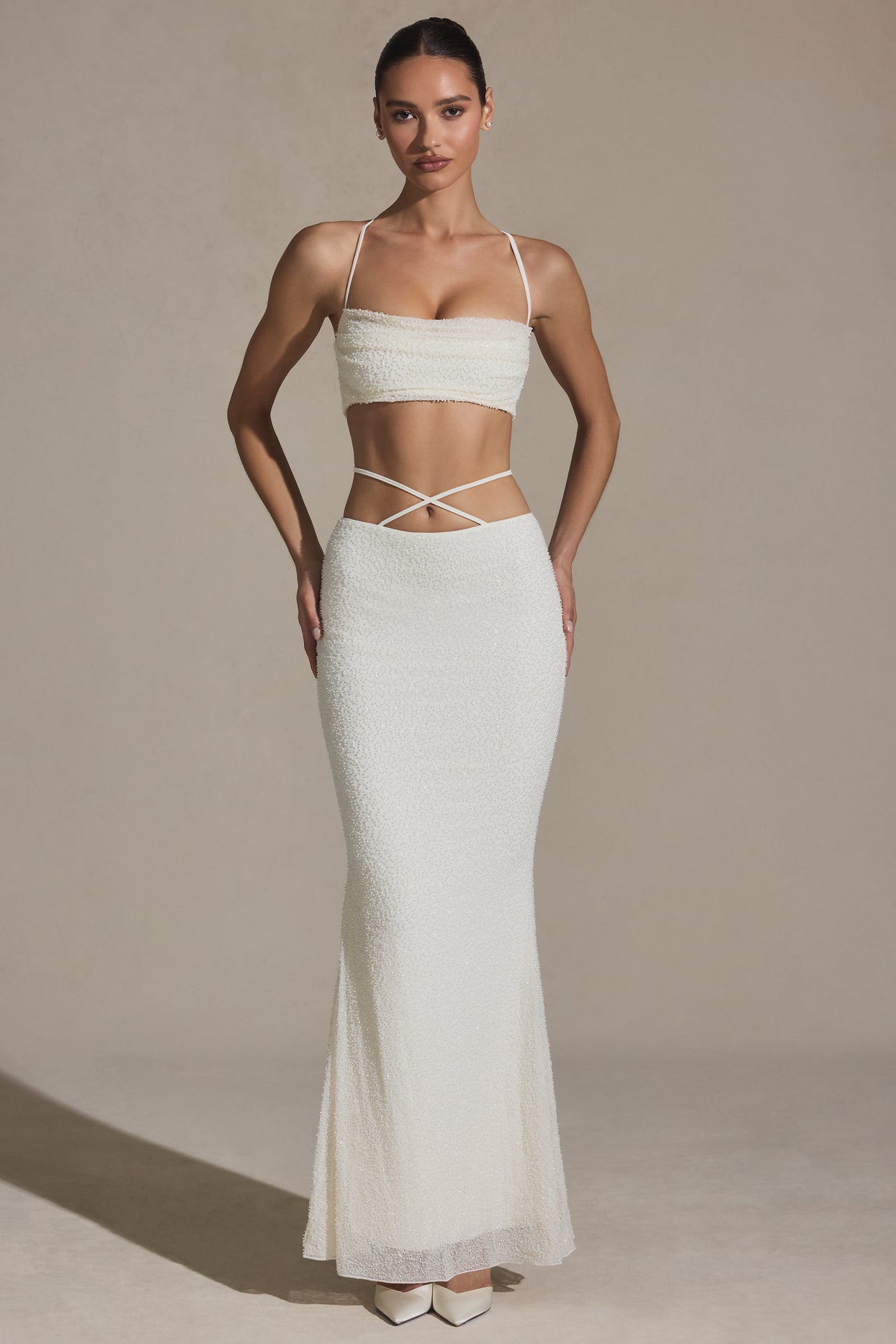 Embellished Strappy Maxi Skirt in White - 7