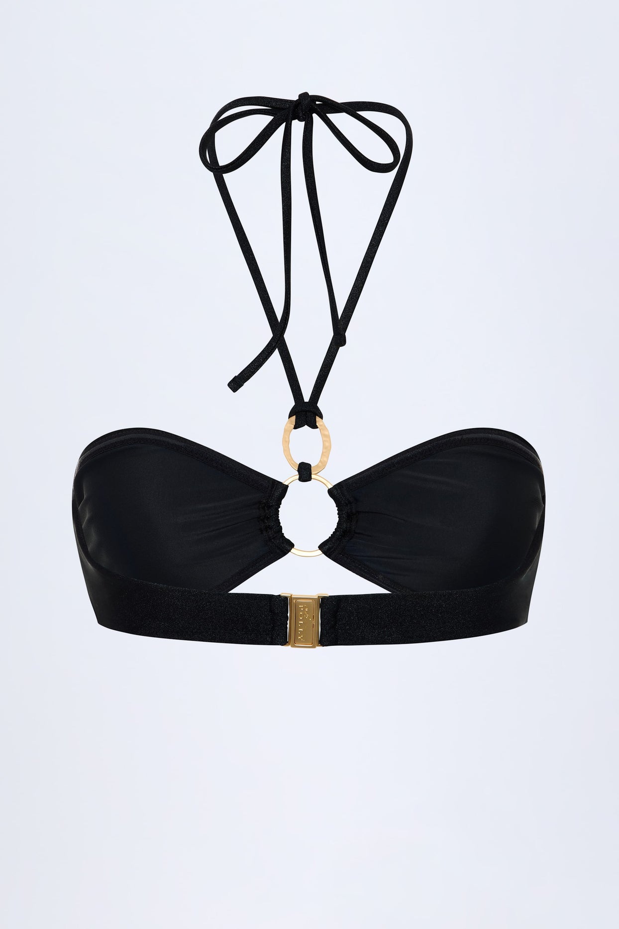 Hardware-Detail Ruched Halterneck Bikini Top in Black - 4