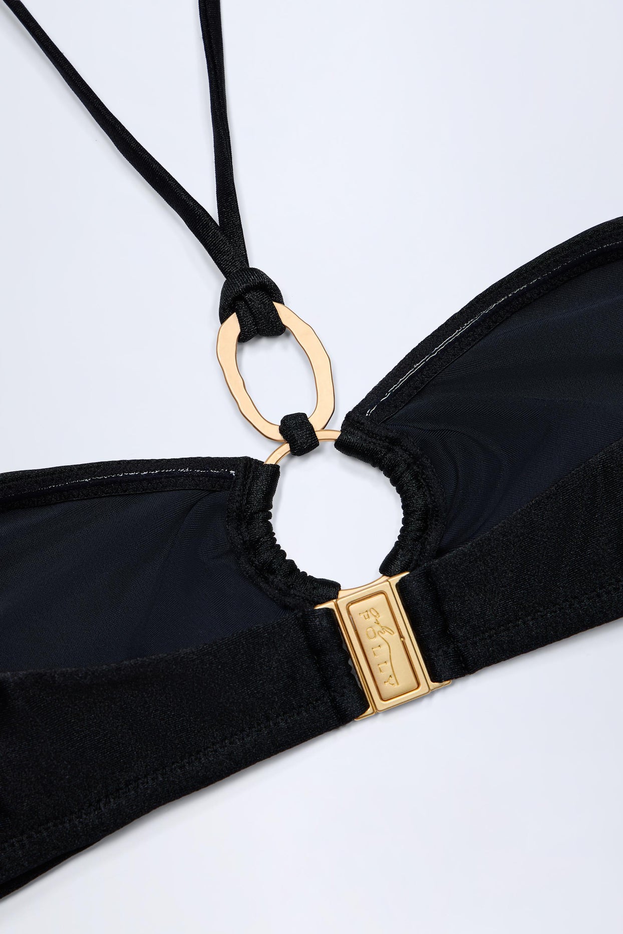 Hardware-Detail Ruched Halterneck Bikini Top in Black - 5