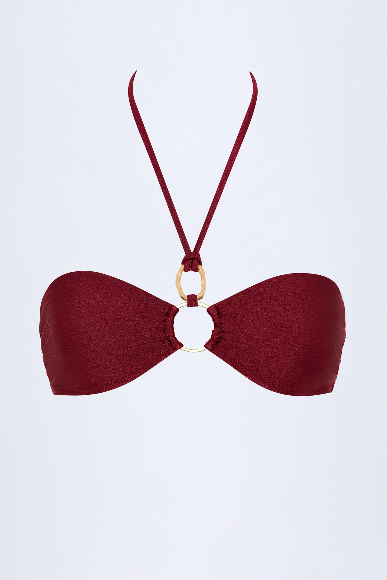 Hardware-Detail Ruched Halterneck Bikini Top in Dark Cherry - 3
