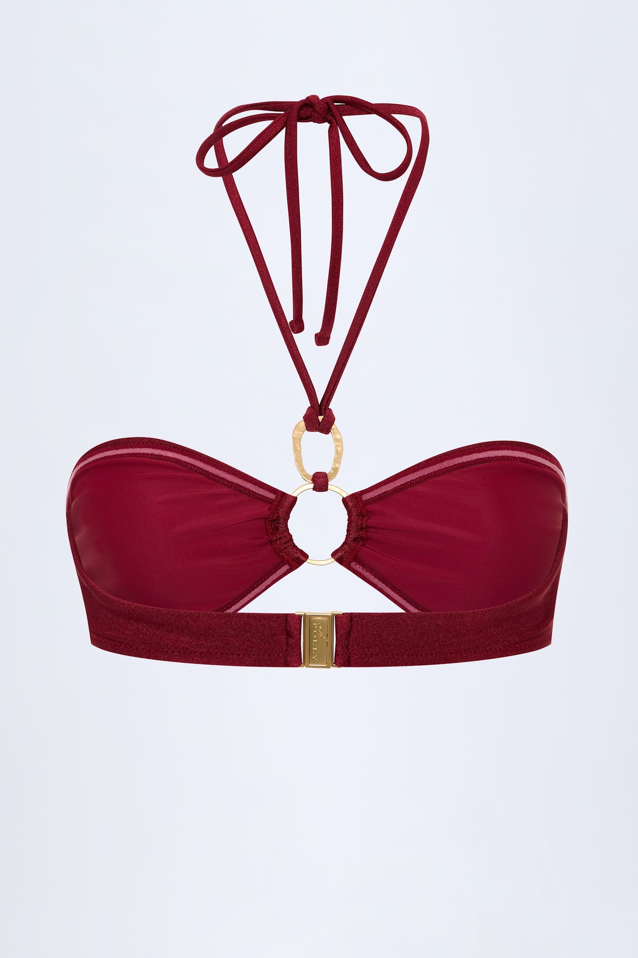 Hardware-Detail Ruched Halterneck Bikini Top in Dark Cherry - 4