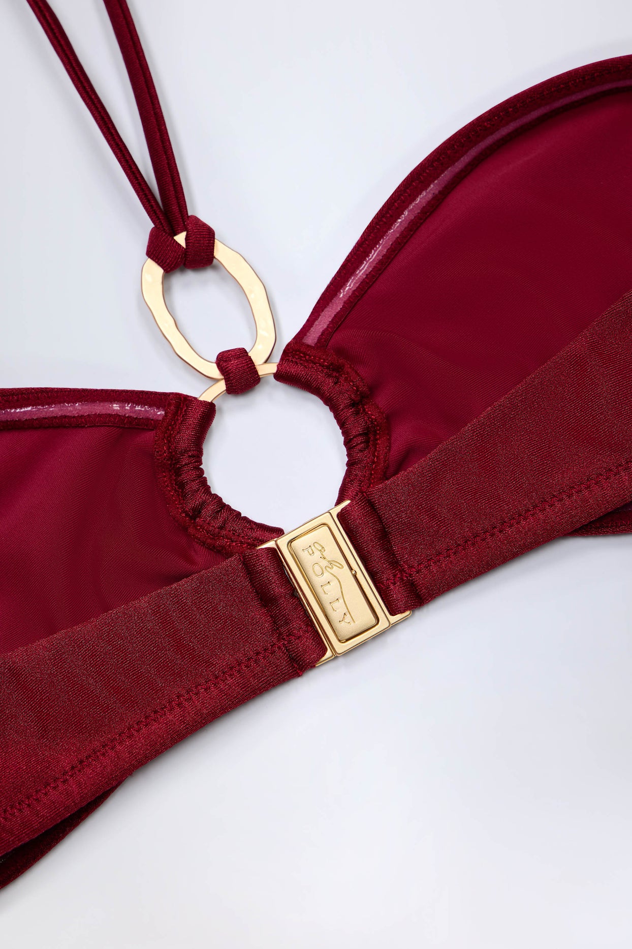 Hardware-Detail Ruched Halterneck Bikini Top in Dark Cherry - 5