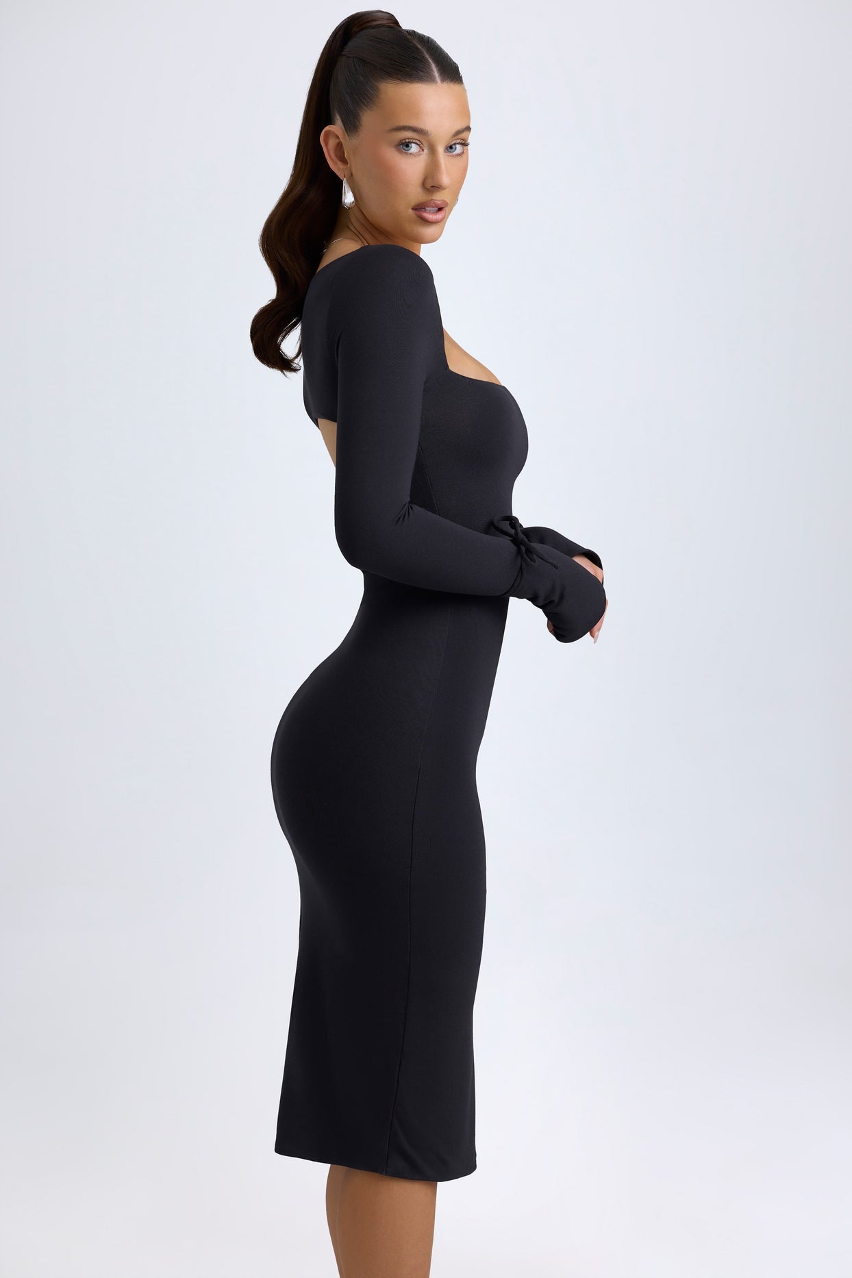 Modal Square-Neck Long-Sleeve Midi Dress in Black - 9