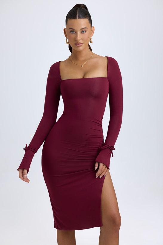 Modal Square-Neck Midi Dress in Wine Red