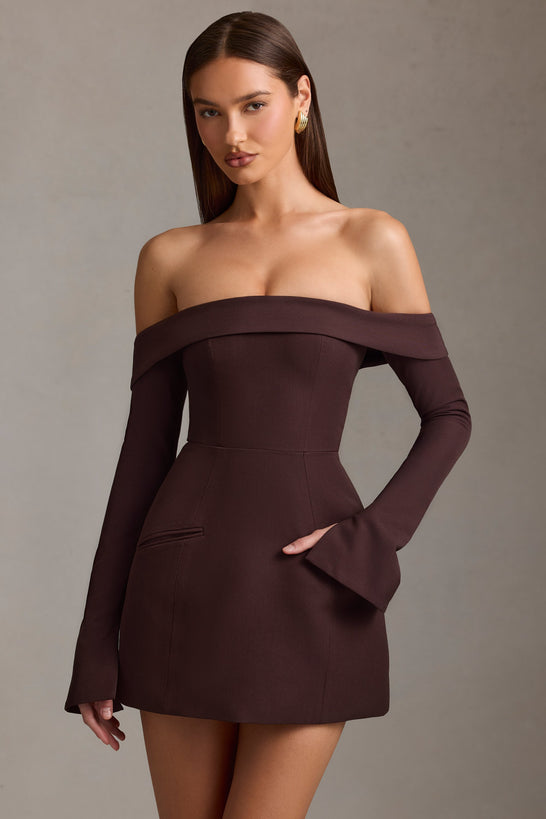 Off-Shoulder Structured A-Line Mini Dress in Chocolate Brown