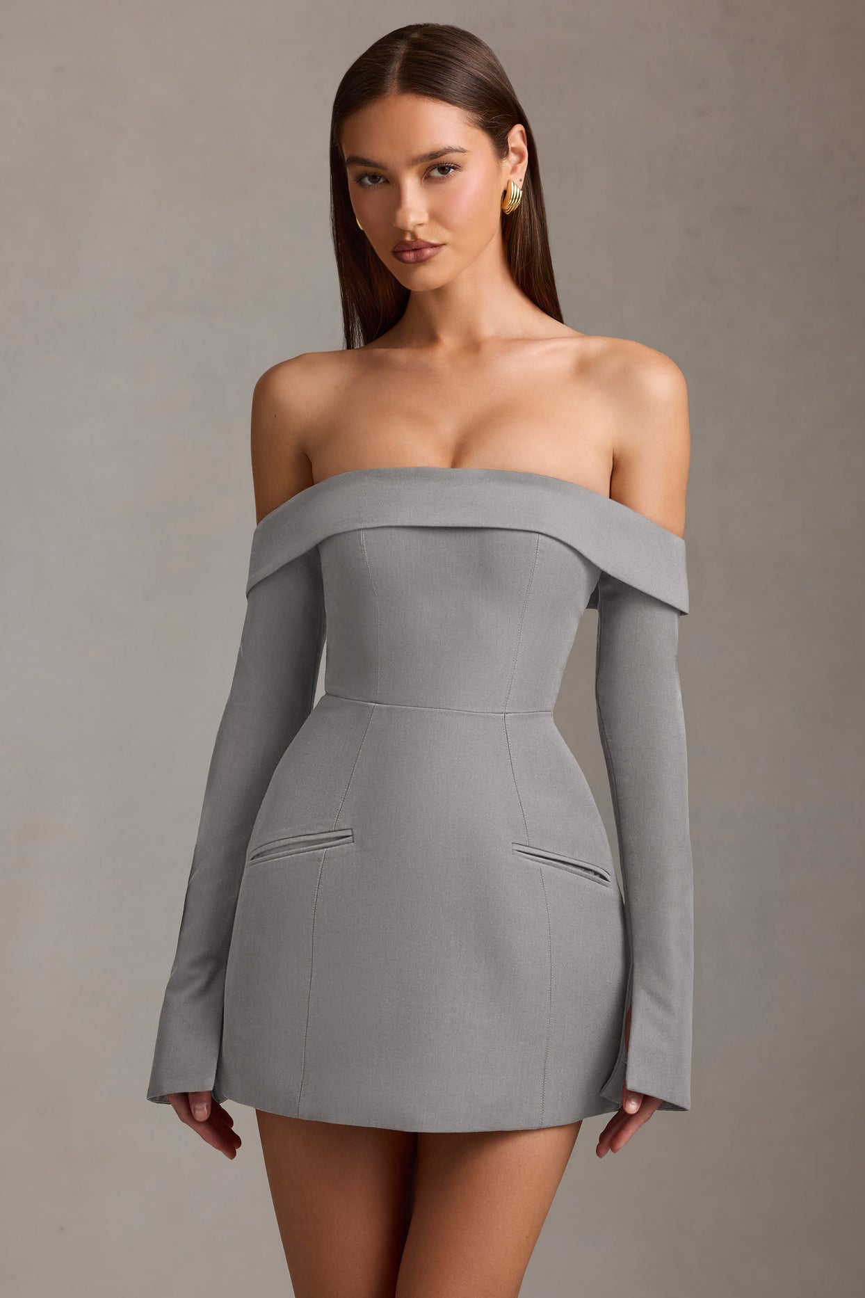 Off-Shoulder Structured A-Line Mini Dress in Grey - 1