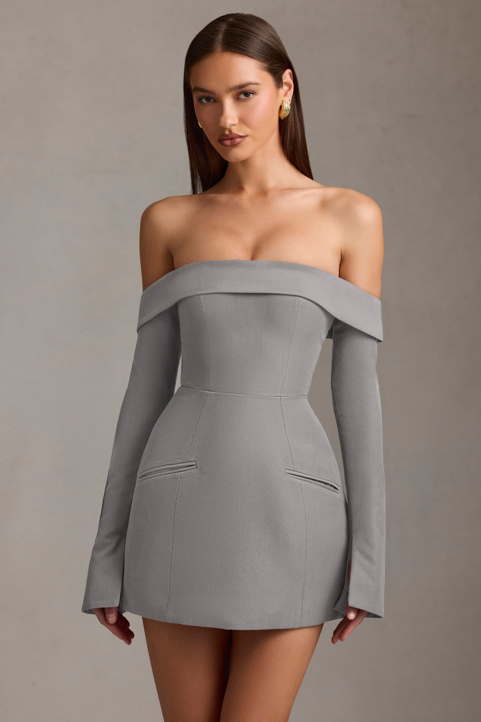 Off-Shoulder Structured A-Line Mini Dress in Grey - 1